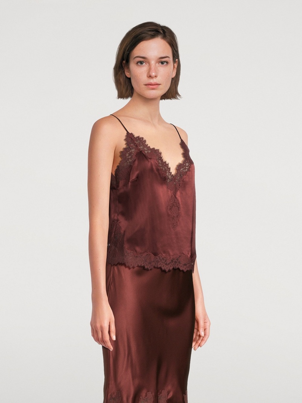 Doen Kira Silk and LaceTrim Satin Camisole in Cafe Brun. Sz XS. EUC